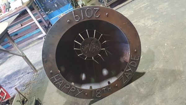 Special event message and date welded into fire pit